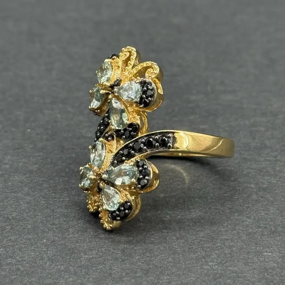 Signed STS 925 Sterling Silver Gold Plated Dual Butterfly Cocktail Ring Size 9